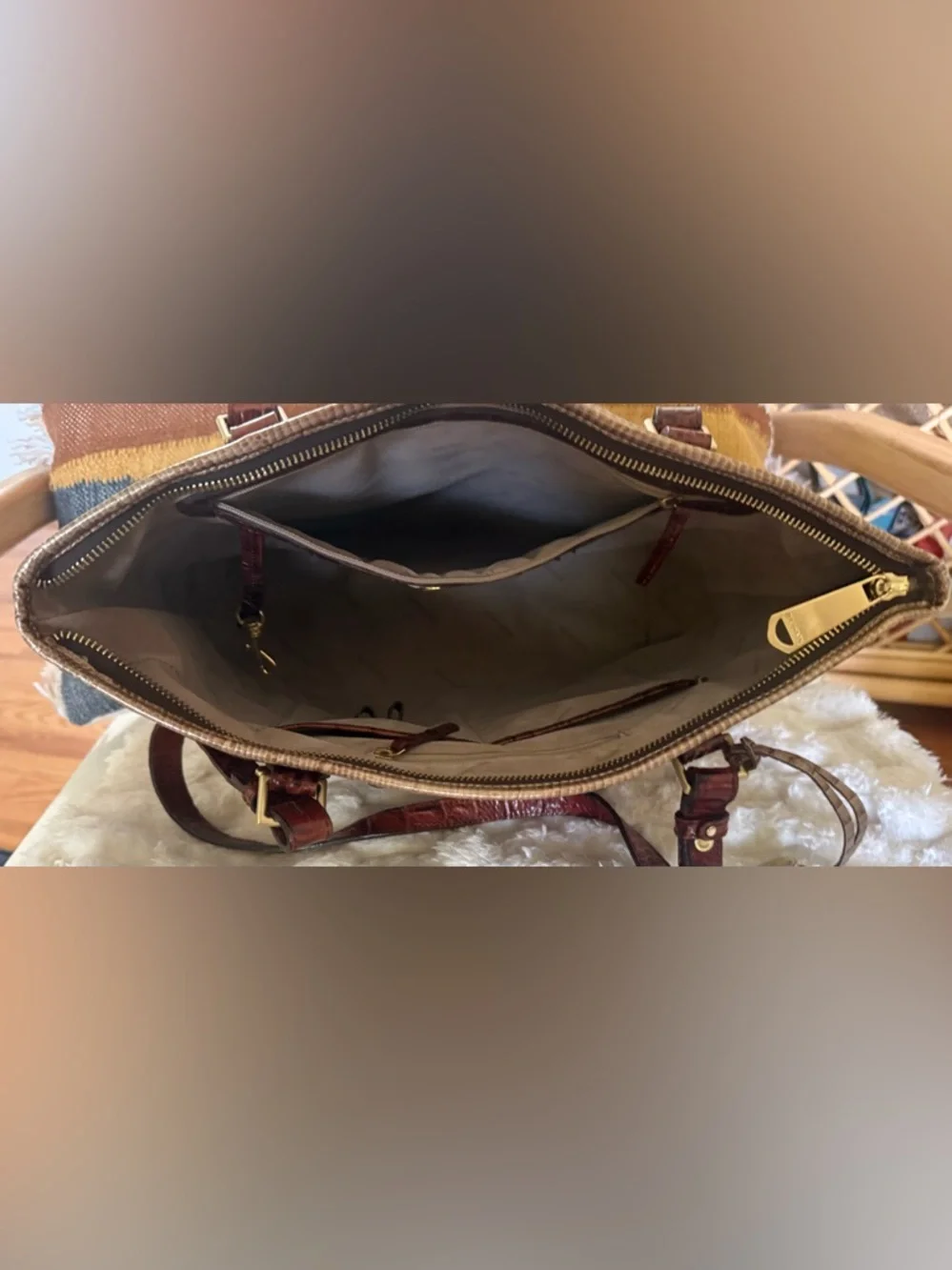 Brahmin Asher Tote Pecan Cream Croc Embossed Leather Bag VGUC - Picture 13 of 16